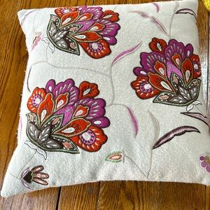 India embroidered wool pillow cover. Feather/down pillow insert 18” square.